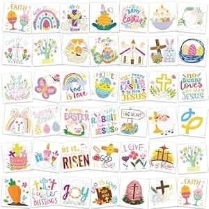 Howaf 80pcs Religious Easter Doodles Temporary, Jesus Lives Bible Easter Tattoos Stickers Easter Bunny Temporary Tattoos, Christian Religious Easter Cross He Is Risen Body Stickers Party Favors
